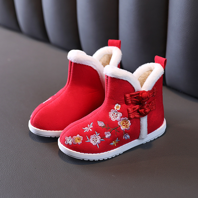 Pantofi de iarnă pentru copii din bumbac, închidere cu cataramă, căptuți cu fleece, talpă din cauciuc anti-derapant, model cartoon, stil etnic