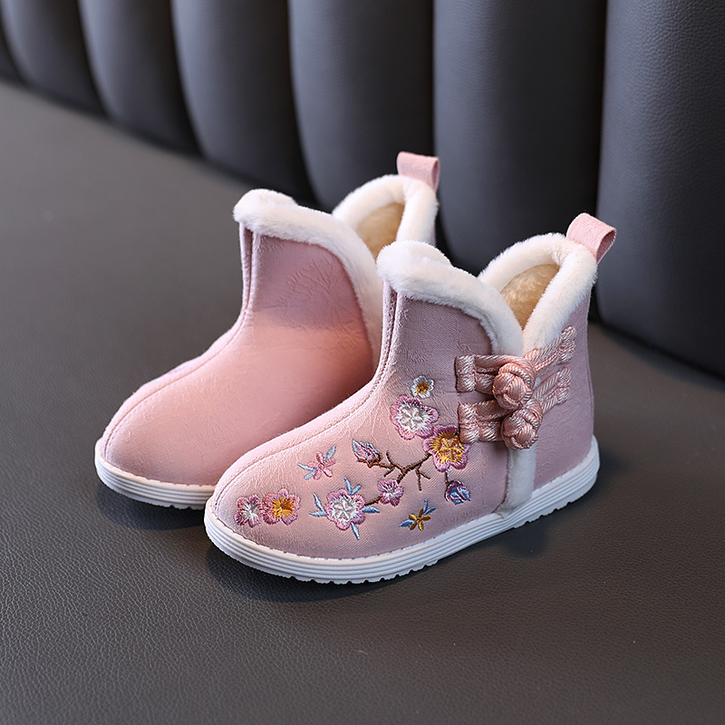 Pantofi de iarnă pentru copii din bumbac, închidere cu cataramă, căptuți cu fleece, talpă din cauciuc anti-derapant, model cartoon, stil etnic