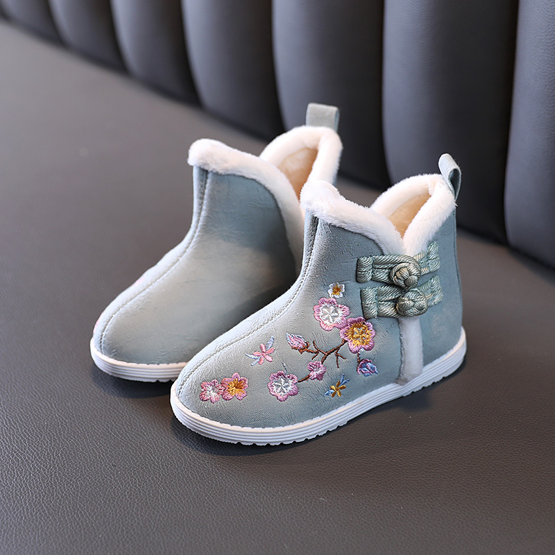 Pantofi de iarnă pentru copii din bumbac, închidere cu cataramă, căptuți cu fleece, talpă din cauciuc anti-derapant, model cartoon, stil etnic