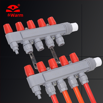 Rozdeľovač vody pre podlahové vykurovanie PPR – vysoký tok, moderný minimalistický štýl, materiál PP-R, montáž závitom, priemer vetiev 20 mm, prevádzková teplota 70°C, Forever Warm