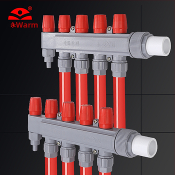 Rozdeľovač vody pre podlahové vykurovanie PPR – vysoký tok, moderný minimalistický štýl, materiál PP-R, montáž závitom, priemer vetiev 20 mm, prevádzková teplota 70°C, Forever Warm