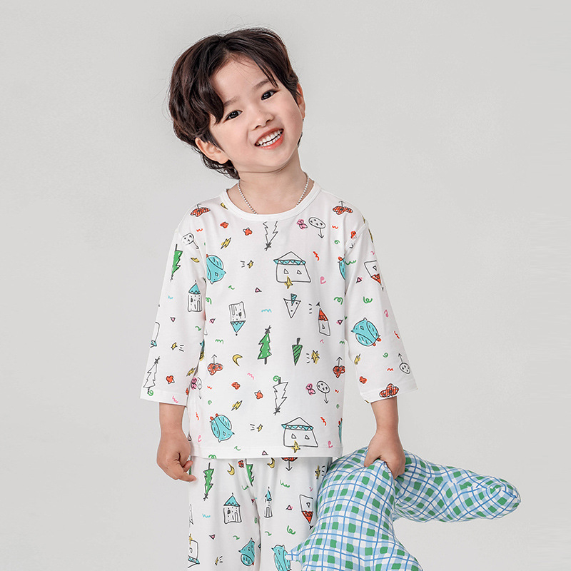 Σετ πιτζάμών για παιδιά - Yassel βισκόζη-ελαστάν, στρογγυλός λαιμός, 3/4 μανίκια, μοτίβο καρτούν, απομάκρυνση υγρασίας