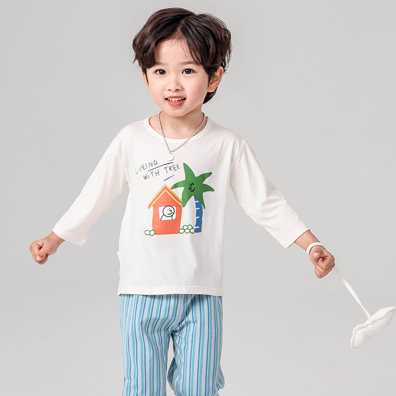 Σετ πιτζάμών για παιδιά - Yassel βισκόζη-ελαστάν, στρογγυλός λαιμός, 3/4 μανίκια, μοτίβο καρτούν, απομάκρυνση υγρασίας
