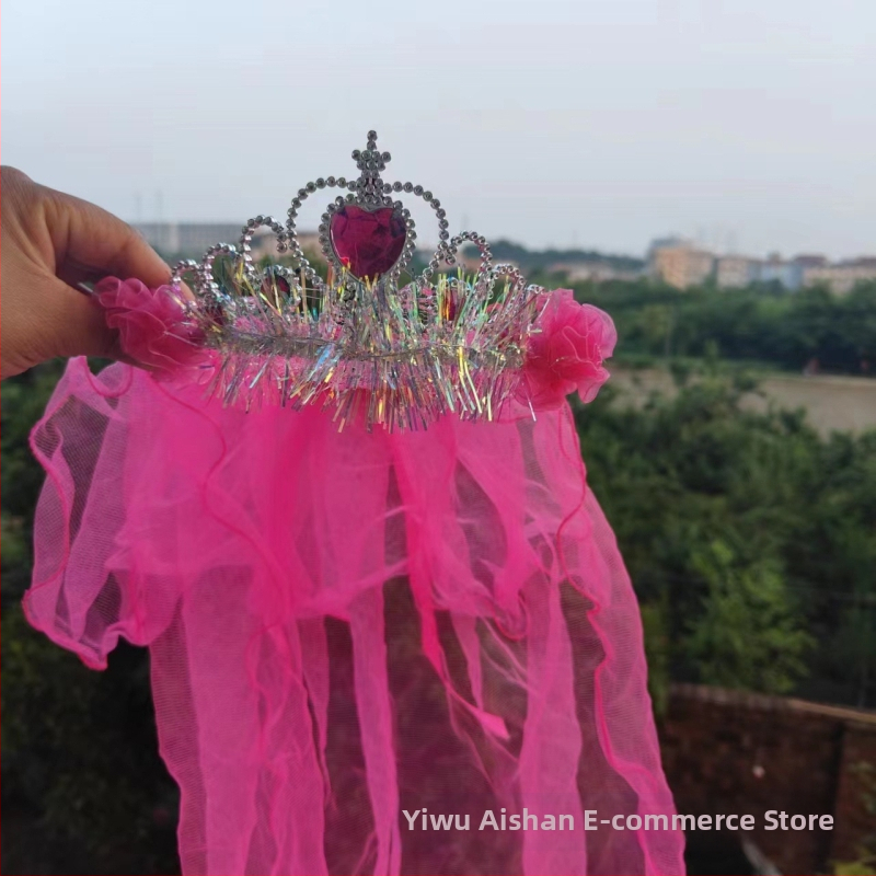 Κορώνα με βέλο για παιδιά, πλέγμα, καρτούν στυλ, unisex, διπλό στρώμα, προσαρμογή κατά παραγγελία