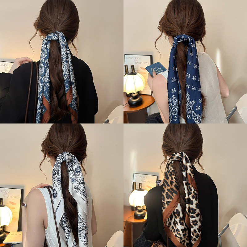 Μεταξωτό τετράγωνο φουλάρι με καρό μοτίβο και ανθώδες σχέδιο – γυναικείο αξεσουάρ κεφαλής, έμπνευση κορεαϊκού/ιαπωνικού στυλ