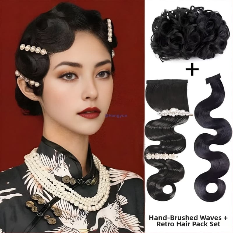 Перука с челка Yuxinde — високотемпературна коса, оформяне за оформяне, античен стил големи вълни, прегънати чела в стил Република Китай, вдъхновена от стар Шанхай