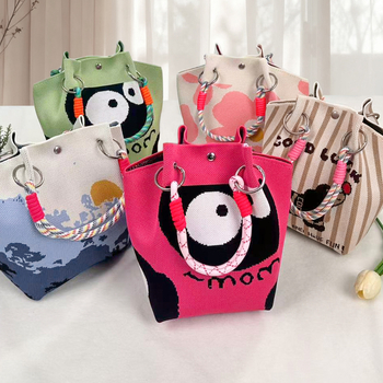 Πλεκτή τσάντα κουβά με μαγνητικό κούμπωμα, χωρίς επένδυση, ανοιχτή τσέπη