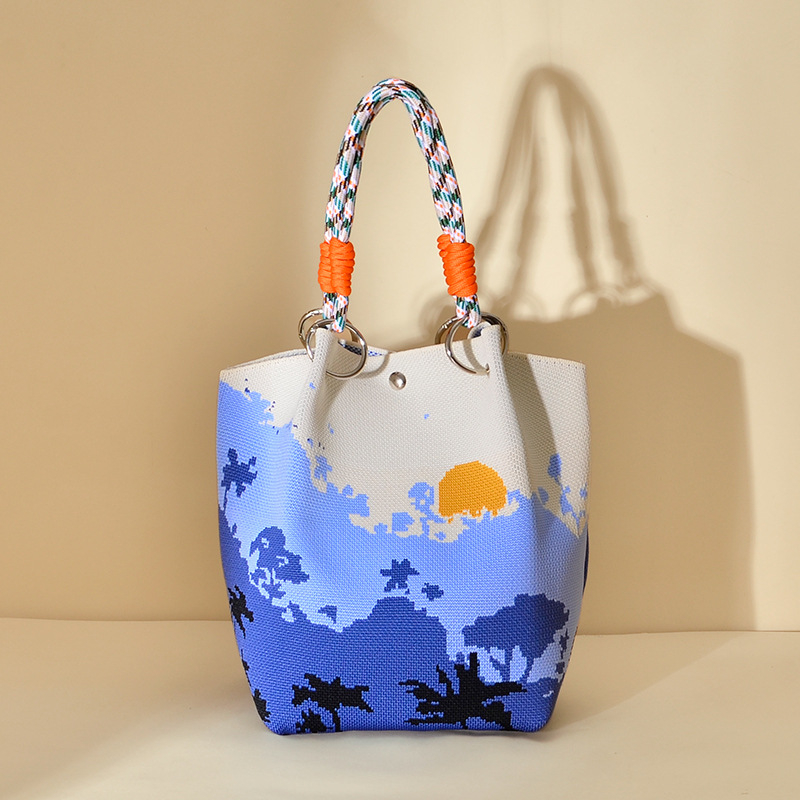 Πλεκτή τσάντα κουβά με μαγνητικό κούμπωμα, χωρίς επένδυση, ανοιχτή τσέπη