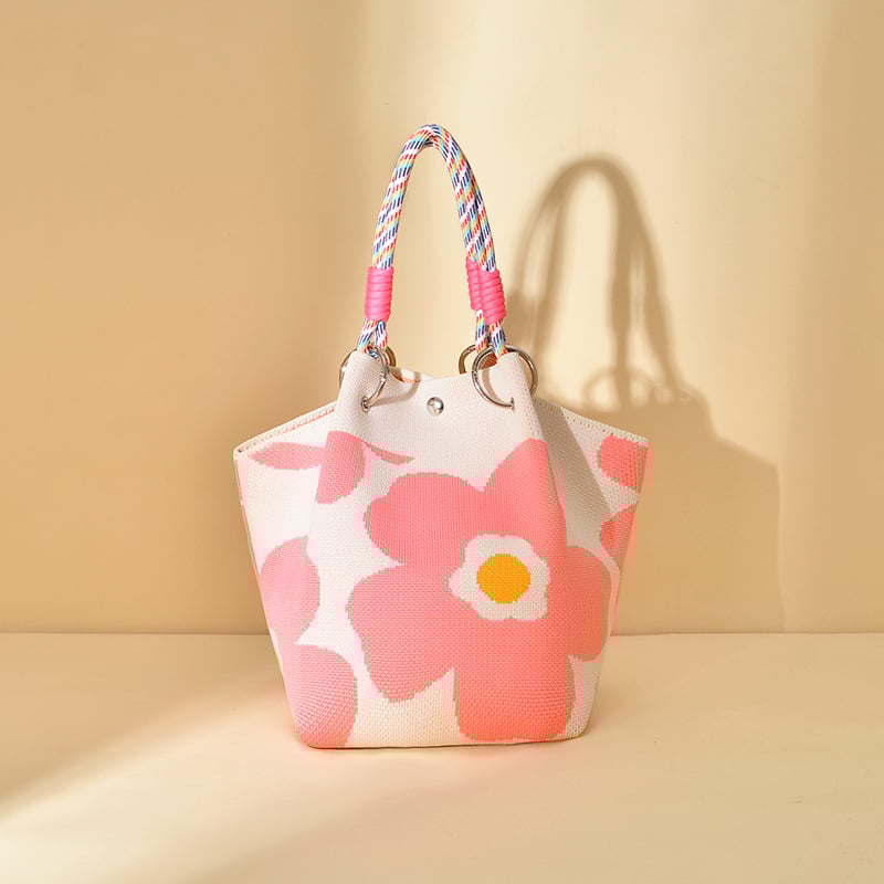 Πλεκτή τσάντα κουβά με μαγνητικό κούμπωμα, χωρίς επένδυση, ανοιχτή τσέπη