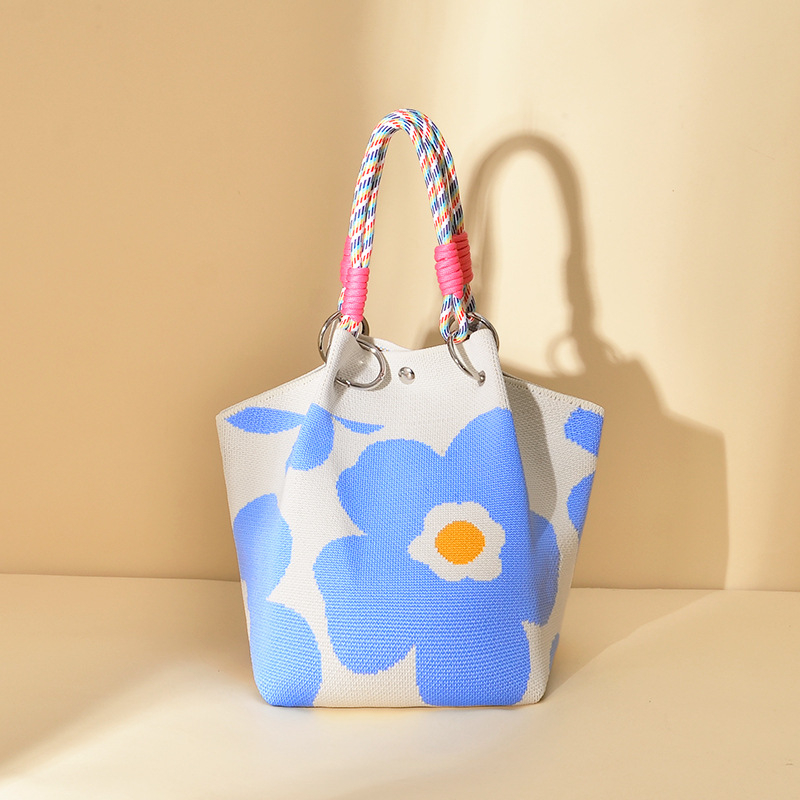 Πλεκτή τσάντα κουβά με μαγνητικό κούμπωμα, χωρίς επένδυση, ανοιχτή τσέπη