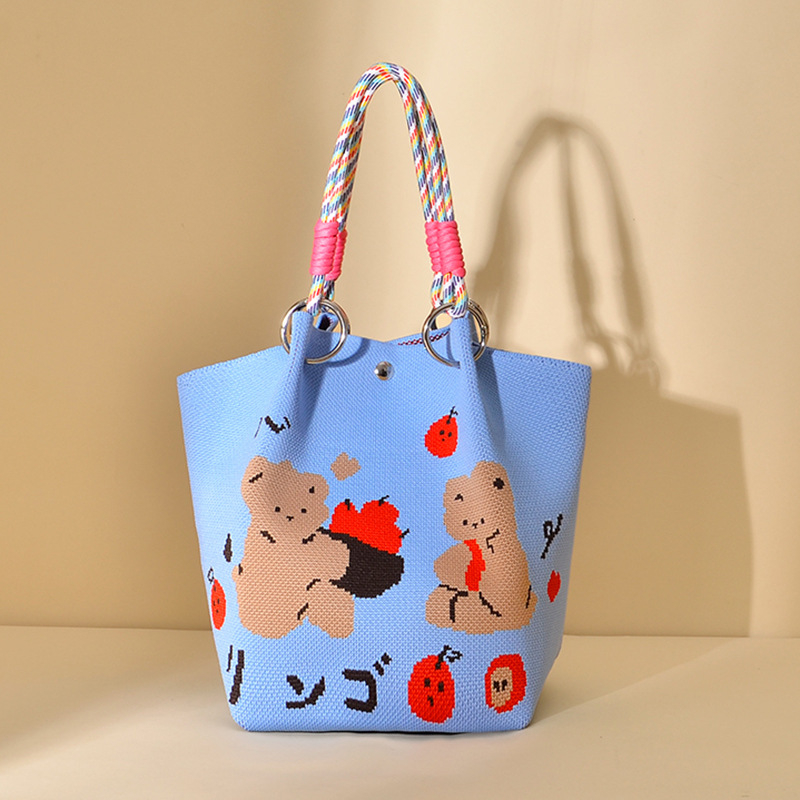 Πλεκτή τσάντα κουβά με μαγνητικό κούμπωμα, χωρίς επένδυση, ανοιχτή τσέπη