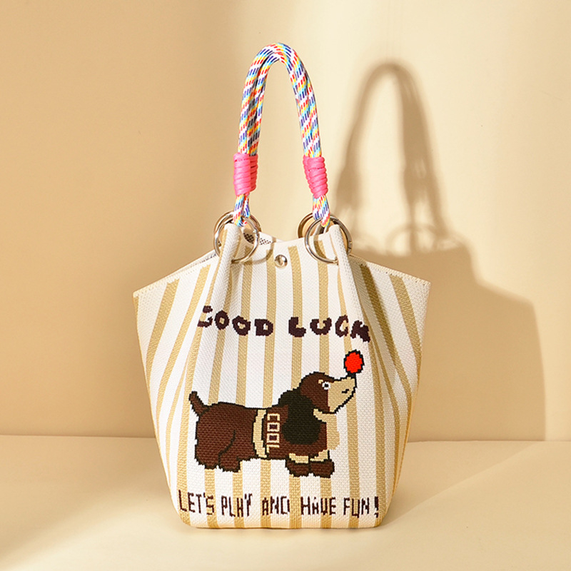 Πλεκτή τσάντα κουβά με μαγνητικό κούμπωμα, χωρίς επένδυση, ανοιχτή τσέπη