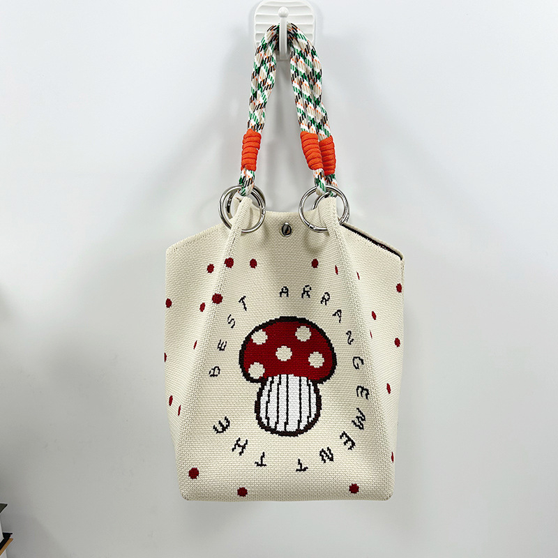 Πλεκτή τσάντα κουβά με μαγνητικό κούμπωμα, χωρίς επένδυση, ανοιχτή τσέπη