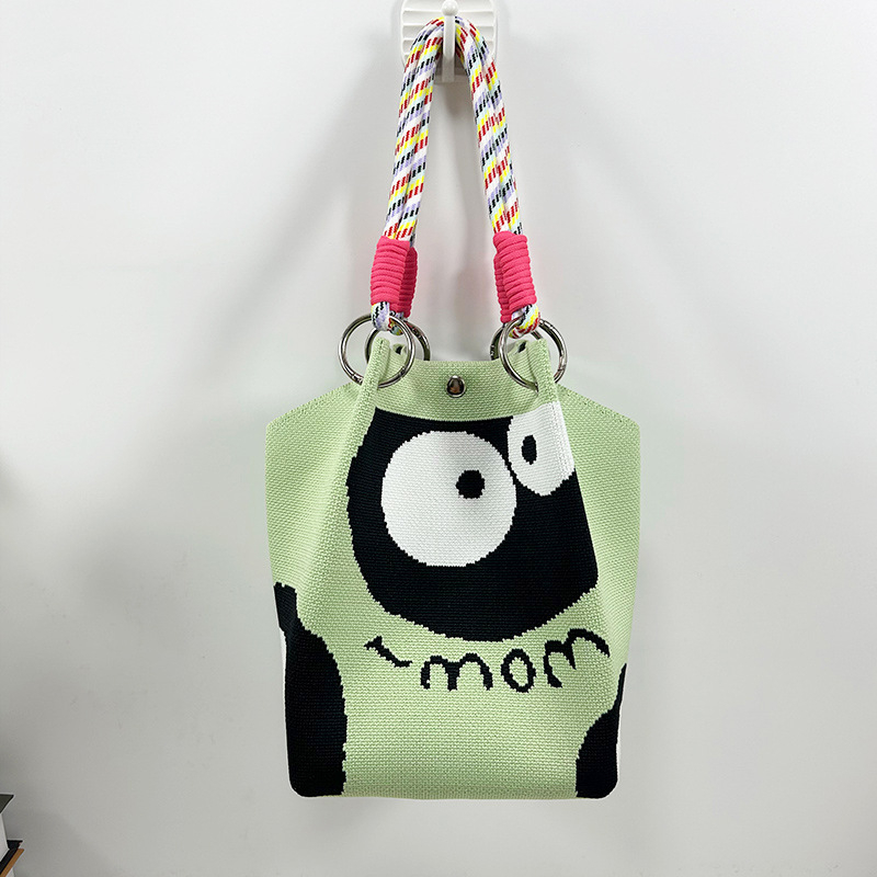 Πλεκτή τσάντα κουβά με μαγνητικό κούμπωμα, χωρίς επένδυση, ανοιχτή τσέπη