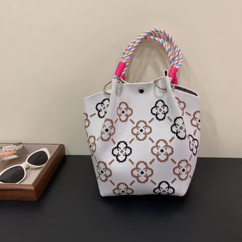 Πλεκτή τσάντα κουβά με μαγνητικό κούμπωμα, χωρίς επένδυση, ανοιχτή τσέπη