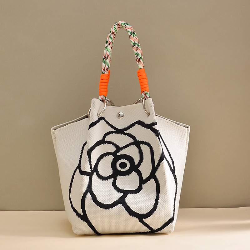 Πλεκτή τσάντα κουβά με μαγνητικό κούμπωμα, χωρίς επένδυση, ανοιχτή τσέπη