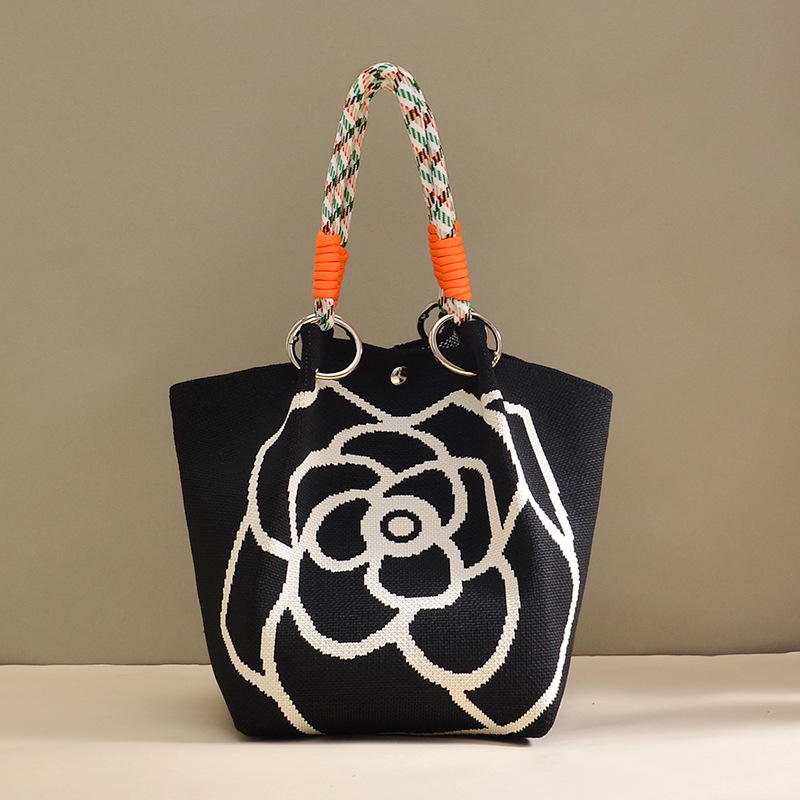 Πλεκτή τσάντα κουβά με μαγνητικό κούμπωμα, χωρίς επένδυση, ανοιχτή τσέπη