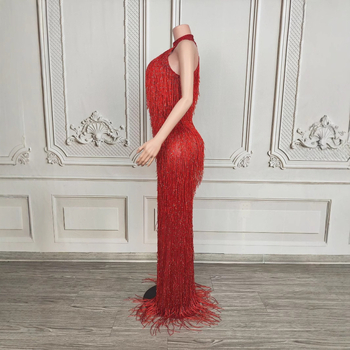 Dlhé šaty s strapcami na krk, halterneck pre scénické vystúpenie, dámske šaty z kože kozy a zmesi spandex (90–95% kože kozy)