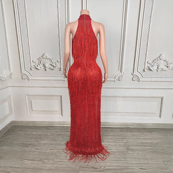 Dlhé šaty s strapcami na krk, halterneck pre scénické vystúpenie, dámske šaty z kože kozy a zmesi spandex (90–95% kože kozy)