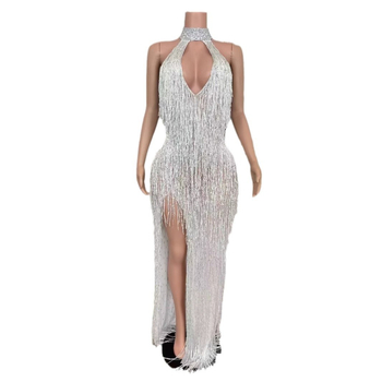 Dlhé šaty s strapcami na krk, halterneck pre scénické vystúpenie, dámske šaty z kože kozy a zmesi spandex (90–95% kože kozy)