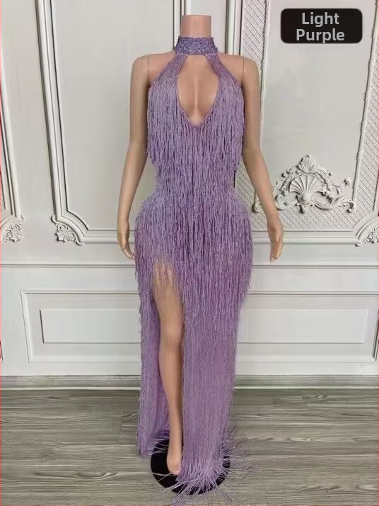 Dlhé šaty s strapcami na krk, halterneck pre scénické vystúpenie, dámske šaty z kože kozy a zmesi spandex (90–95% kože kozy)