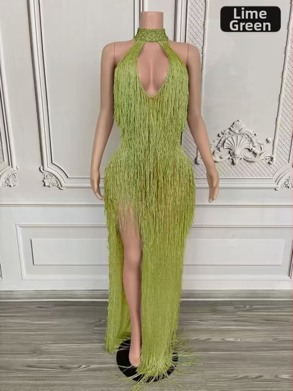 Dlhé šaty s strapcami na krk, halterneck pre scénické vystúpenie, dámske šaty z kože kozy a zmesi spandex (90–95% kože kozy)