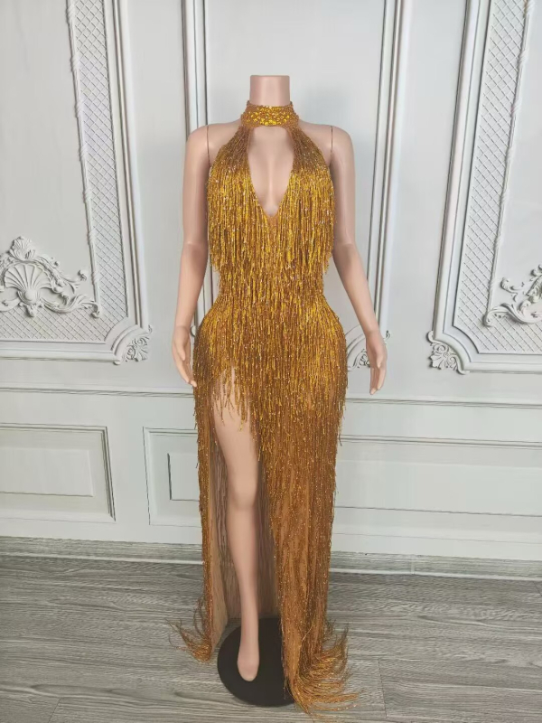 Dlhé šaty s strapcami na krk, halterneck pre scénické vystúpenie, dámske šaty z kože kozy a zmesi spandex (90–95% kože kozy)