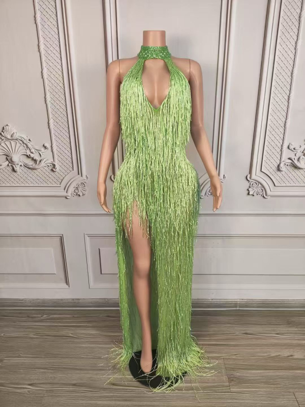 Dlhé šaty s strapcami na krk, halterneck pre scénické vystúpenie, dámske šaty z kože kozy a zmesi spandex (90–95% kože kozy)