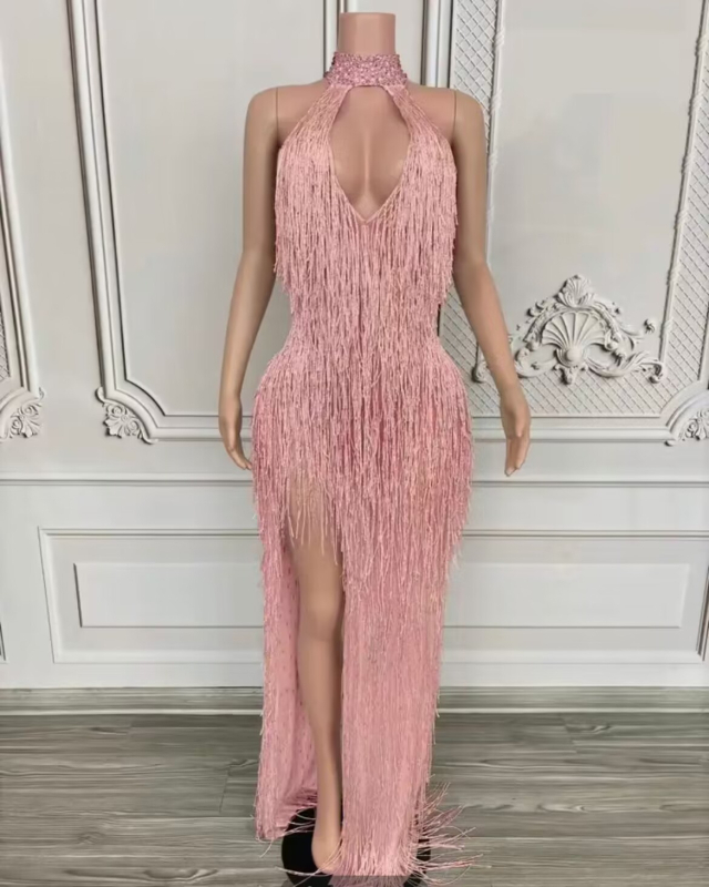 Dlhé šaty s strapcami na krk, halterneck pre scénické vystúpenie, dámske šaty z kože kozy a zmesi spandex (90–95% kože kozy)