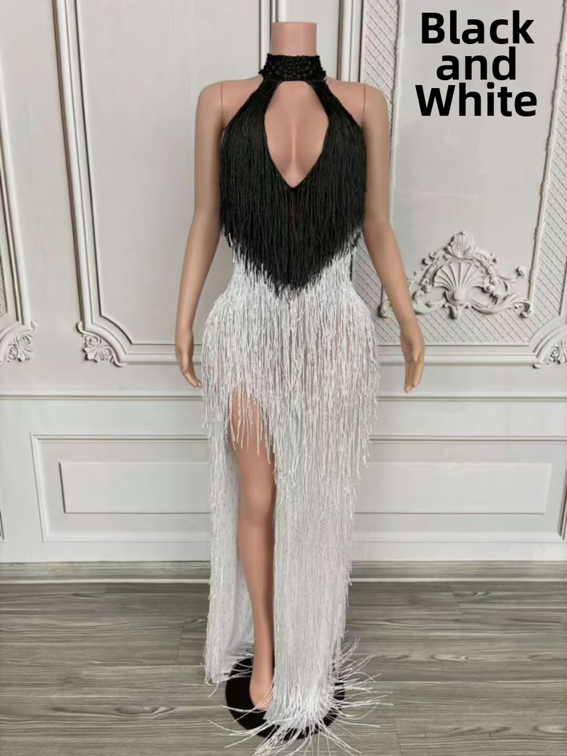 Dlhé šaty s strapcami na krk, halterneck pre scénické vystúpenie, dámske šaty z kože kozy a zmesi spandex (90–95% kože kozy)