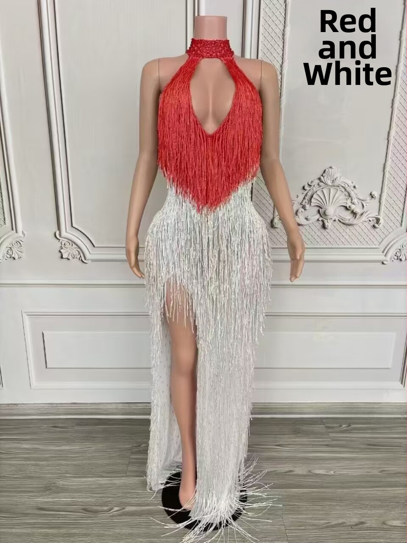 Dlhé šaty s strapcami na krk, halterneck pre scénické vystúpenie, dámske šaty z kože kozy a zmesi spandex (90–95% kože kozy)