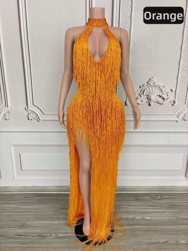 Dlhé šaty s strapcami na krk, halterneck pre scénické vystúpenie, dámske šaty z kože kozy a zmesi spandex (90–95% kože kozy)