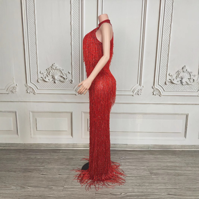 Dlhé šaty s strapcami na krk, halterneck pre scénické vystúpenie, dámske šaty z kože kozy a zmesi spandex (90–95% kože kozy)