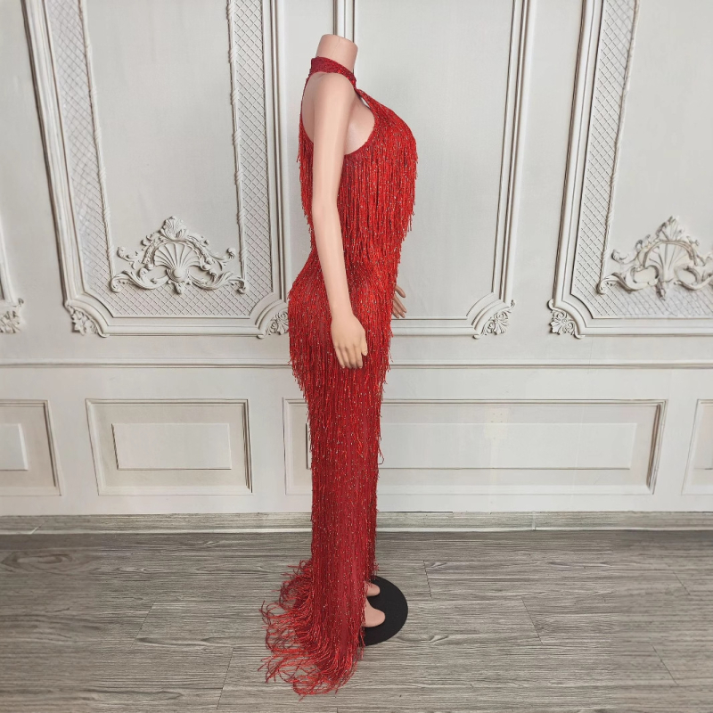 Dlhé šaty s strapcami na krk, halterneck pre scénické vystúpenie, dámske šaty z kože kozy a zmesi spandex (90–95% kože kozy)