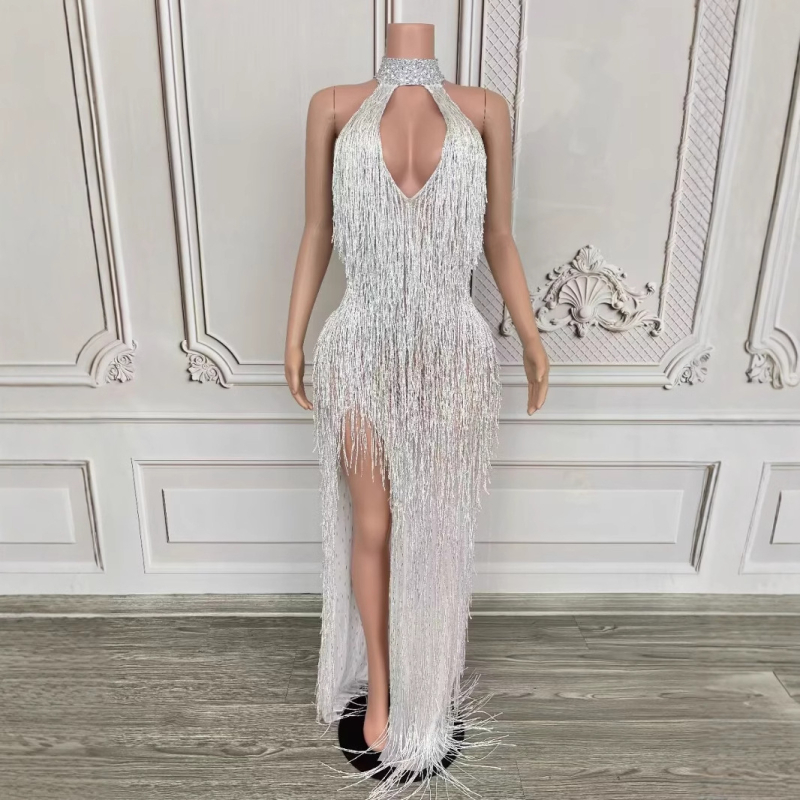 Dlhé šaty s strapcami na krk, halterneck pre scénické vystúpenie, dámske šaty z kože kozy a zmesi spandex (90–95% kože kozy)