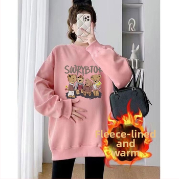 Set maternitate toamnă-iarnă cu două piese – Air Cotton, căptușit cu fleece, top cu guler rotund, croi liber, lungime medie, acoperă posteriorul, stil casual japonez-coreean