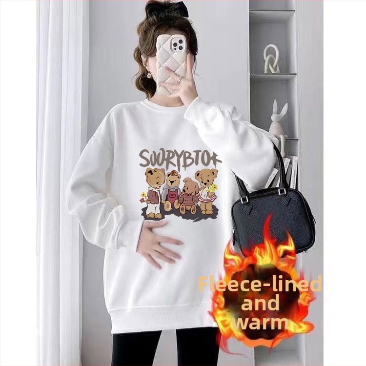 Set maternitate toamnă-iarnă cu două piese – Air Cotton, căptușit cu fleece, top cu guler rotund, croi liber, lungime medie, acoperă posteriorul, stil casual japonez-coreean