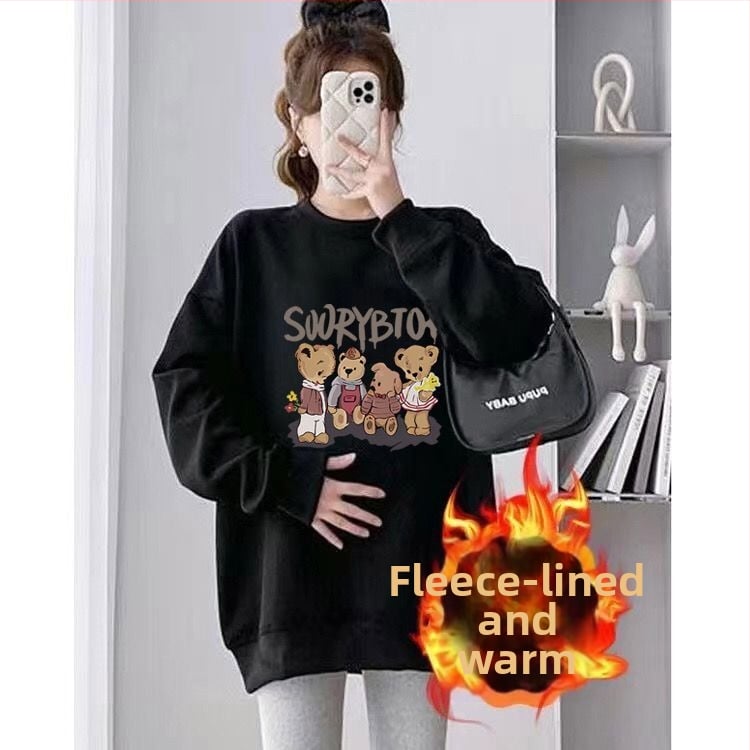 Set maternitate toamnă-iarnă cu două piese – Air Cotton, căptușit cu fleece, top cu guler rotund, croi liber, lungime medie, acoperă posteriorul, stil casual japonez-coreean