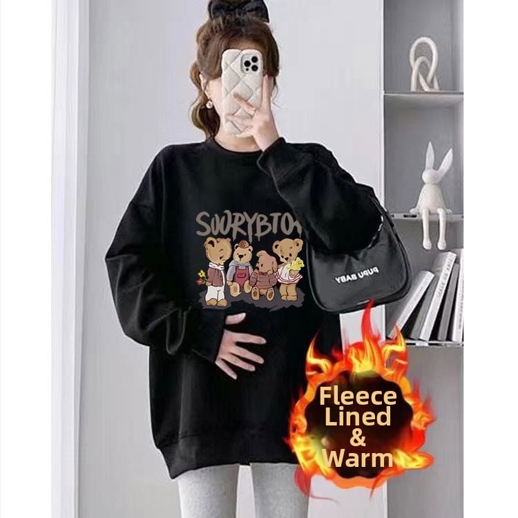 Set maternitate toamnă-iarnă cu două piese – Air Cotton, căptușit cu fleece, top cu guler rotund, croi liber, lungime medie, acoperă posteriorul, stil casual japonez-coreean