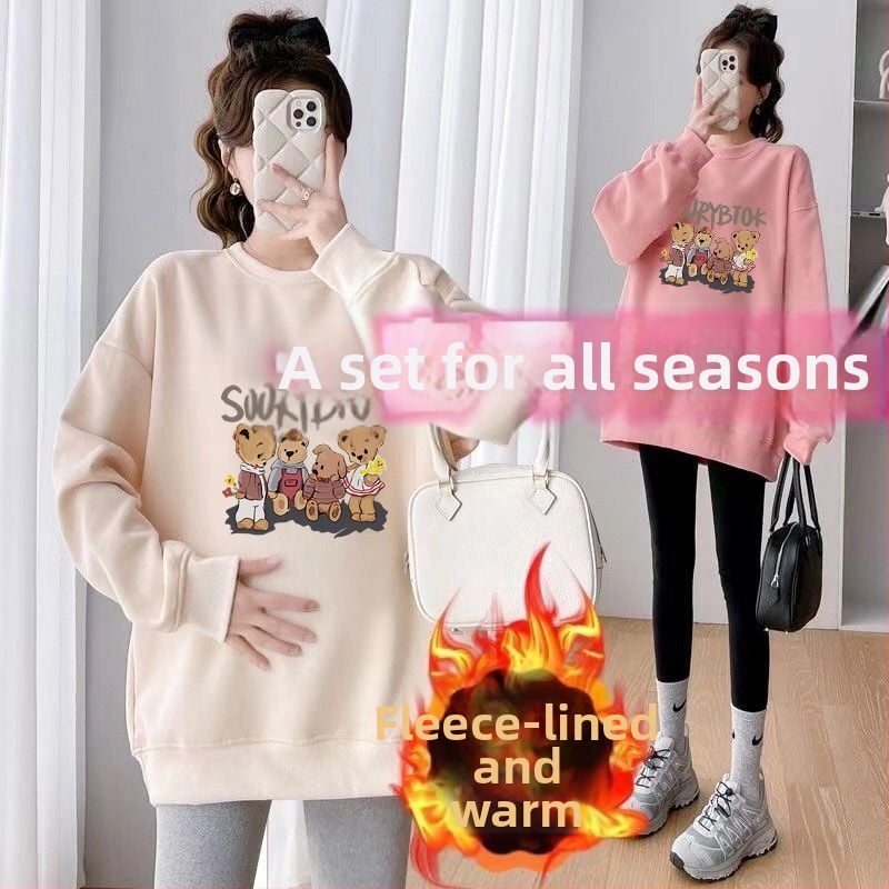 Set maternitate toamnă-iarnă cu două piese – Air Cotton, căptușit cu fleece, top cu guler rotund, croi liber, lungime medie, acoperă posteriorul, stil casual japonez-coreean