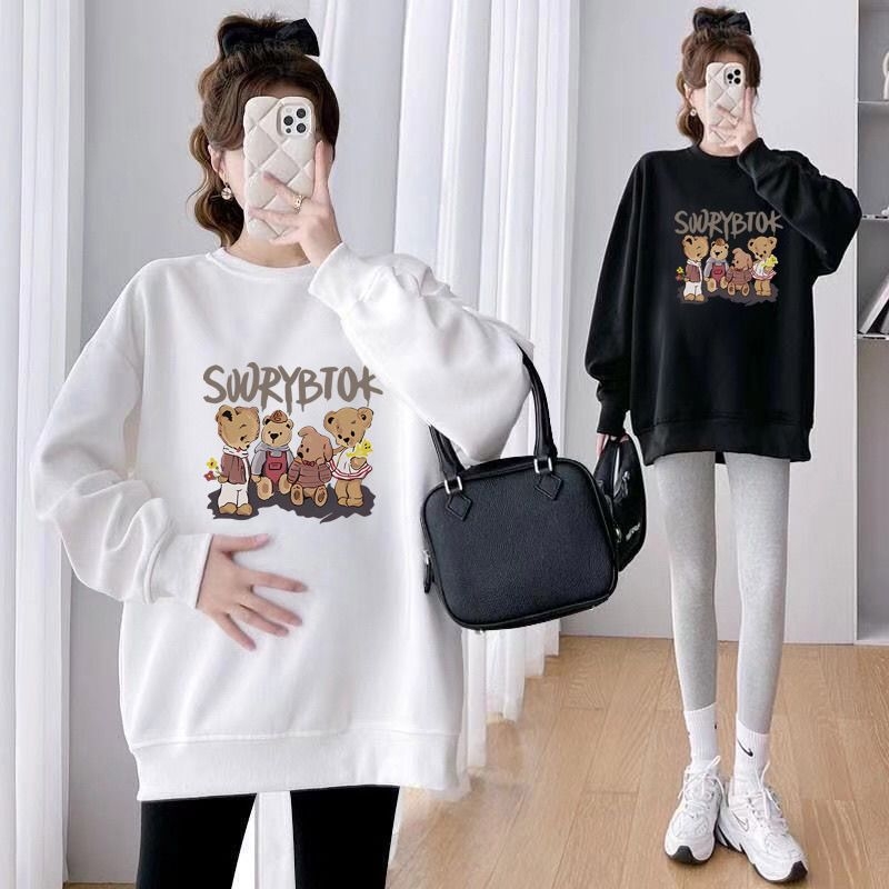 Set maternitate toamnă-iarnă cu două piese – Air Cotton, căptușit cu fleece, top cu guler rotund, croi liber, lungime medie, acoperă posteriorul, stil casual japonez-coreean