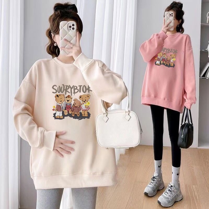 Set maternitate toamnă-iarnă cu două piese – Air Cotton, căptușit cu fleece, top cu guler rotund, croi liber, lungime medie, acoperă posteriorul, stil casual japonez-coreean