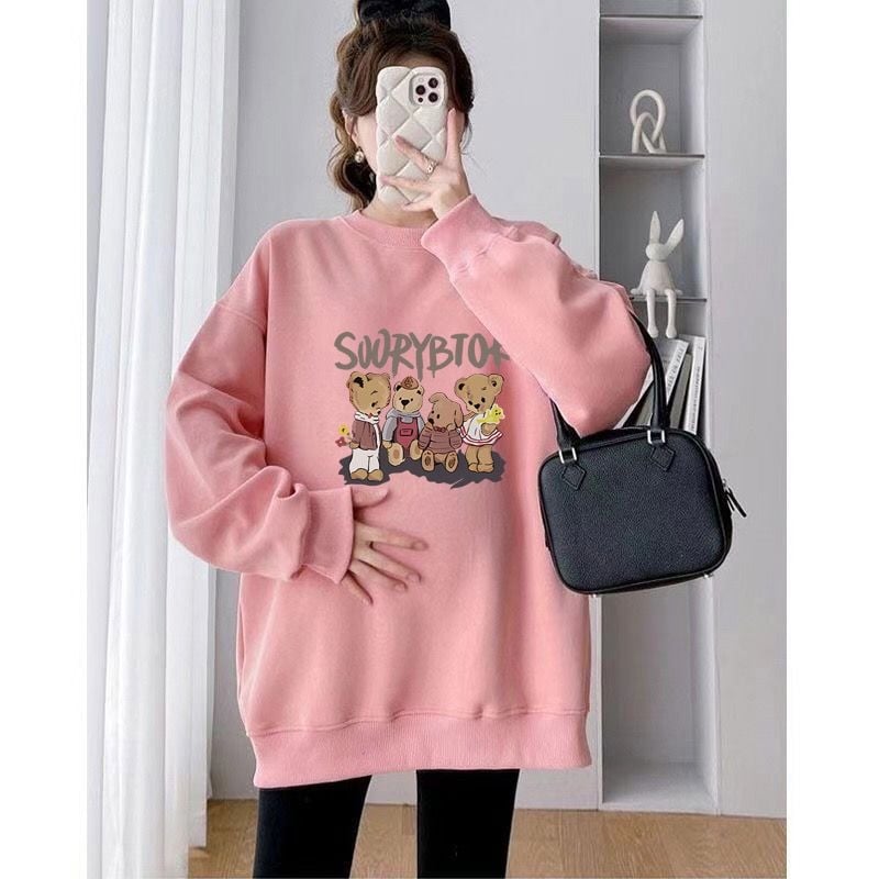 Set maternitate toamnă-iarnă cu două piese – Air Cotton, căptușit cu fleece, top cu guler rotund, croi liber, lungime medie, acoperă posteriorul, stil casual japonez-coreean