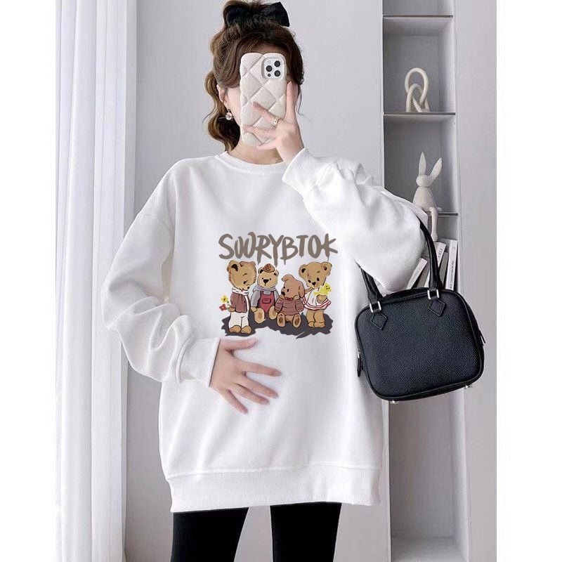 Set maternitate toamnă-iarnă cu două piese – Air Cotton, căptușit cu fleece, top cu guler rotund, croi liber, lungime medie, acoperă posteriorul, stil casual japonez-coreean