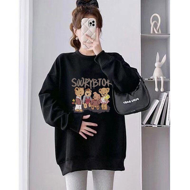 Set maternitate toamnă-iarnă cu două piese – Air Cotton, căptușit cu fleece, top cu guler rotund, croi liber, lungime medie, acoperă posteriorul, stil casual japonez-coreean