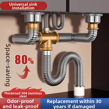 Комплект против миризма на кухненската мивка — 304 неръждаема стомана, система за дренаж за двойна мивка с филтър и водопроводни аксесоари