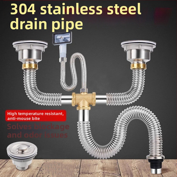 Комплект против миризма на кухненската мивка — 304 неръждаема стомана, система за дренаж за двойна мивка с филтър и водопроводни аксесоари