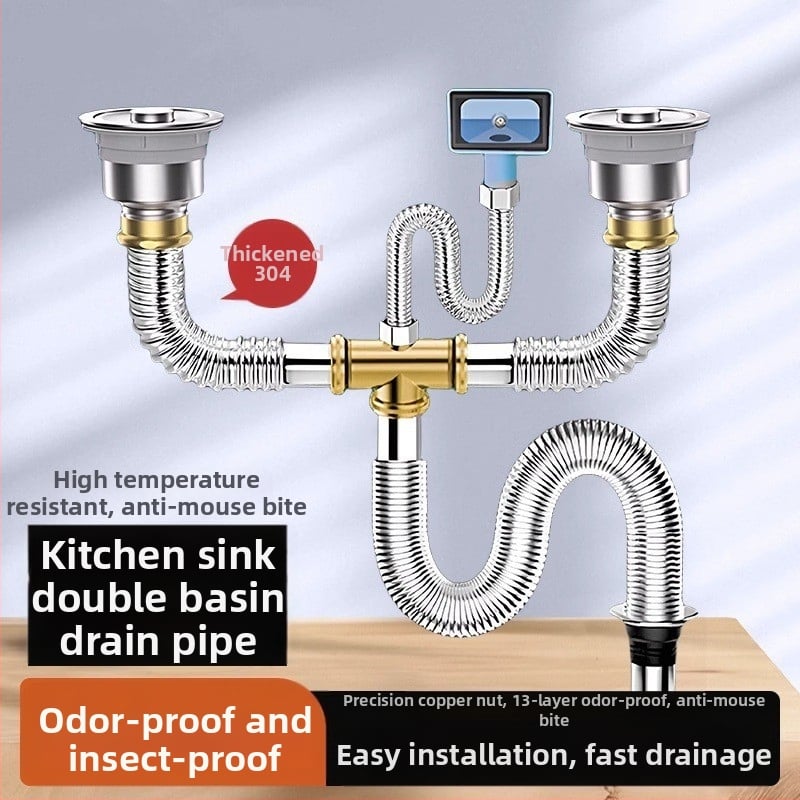 Комплект против миризма на кухненската мивка — 304 неръждаема стомана, система за дренаж за двойна мивка с филтър и водопроводни аксесоари