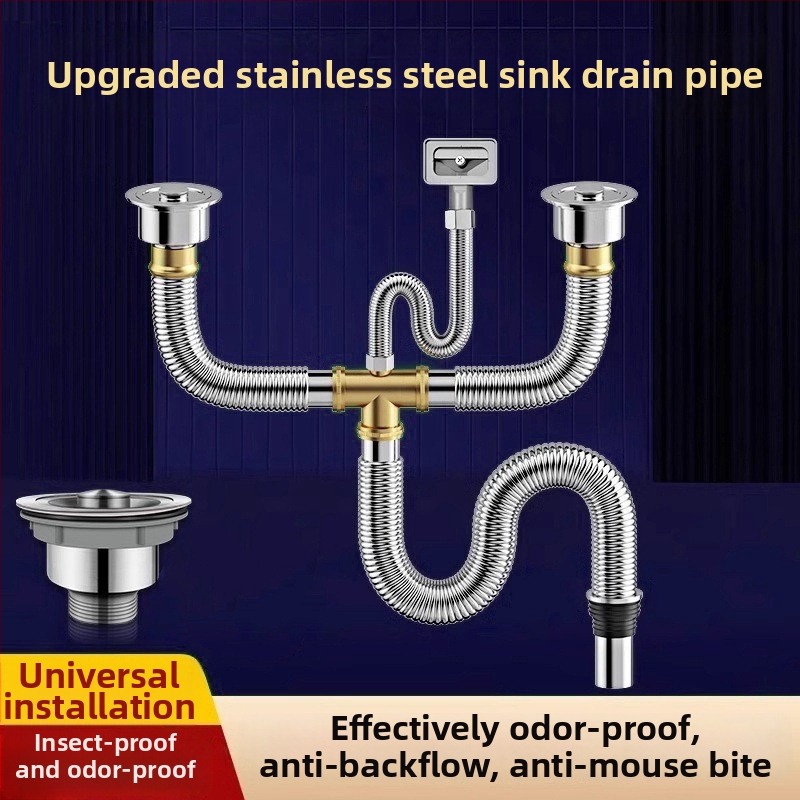 Комплект против миризма на кухненската мивка — 304 неръждаема стомана, система за дренаж за двойна мивка с филтър и водопроводни аксесоари