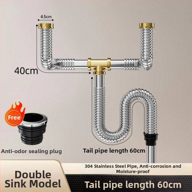 Комплект против миризма на кухненската мивка — 304 неръждаема стомана, система за дренаж за двойна мивка с филтър и водопроводни аксесоари